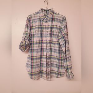 Lauren Ralph Lauren Plaid Button Down Shirt Women’s Large Pink Blue Long Sleeve